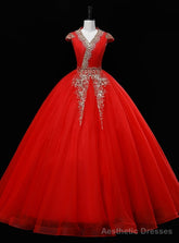 Red Tulle V-neck Cap Sleeve Sequins Beading Quinceanera Dress